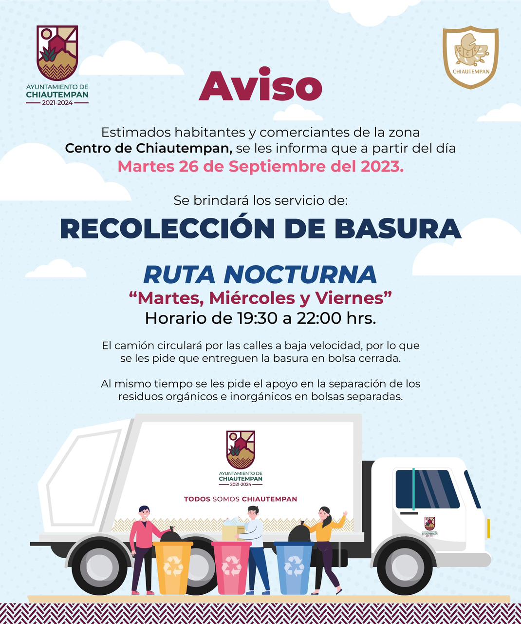 Inicia Chiautempan ruta nocturna de recolección de basura en el centro